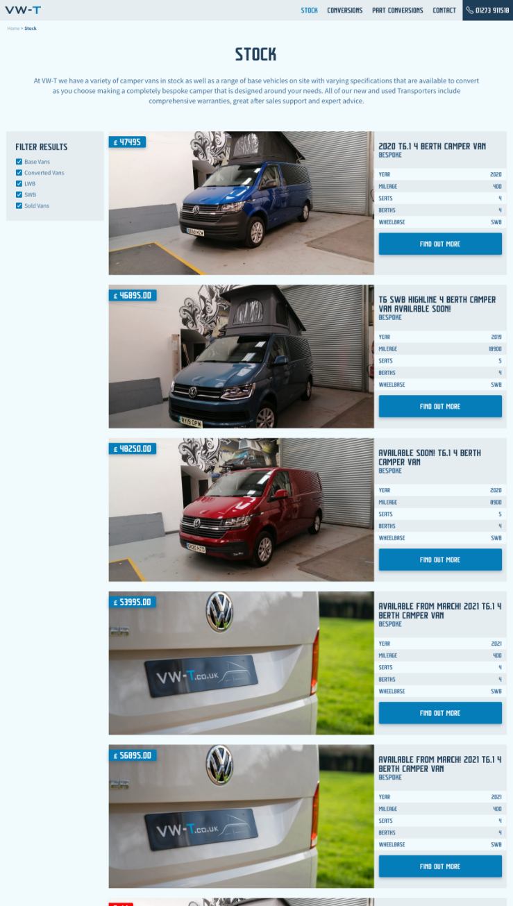 A stock page of a camper van website
