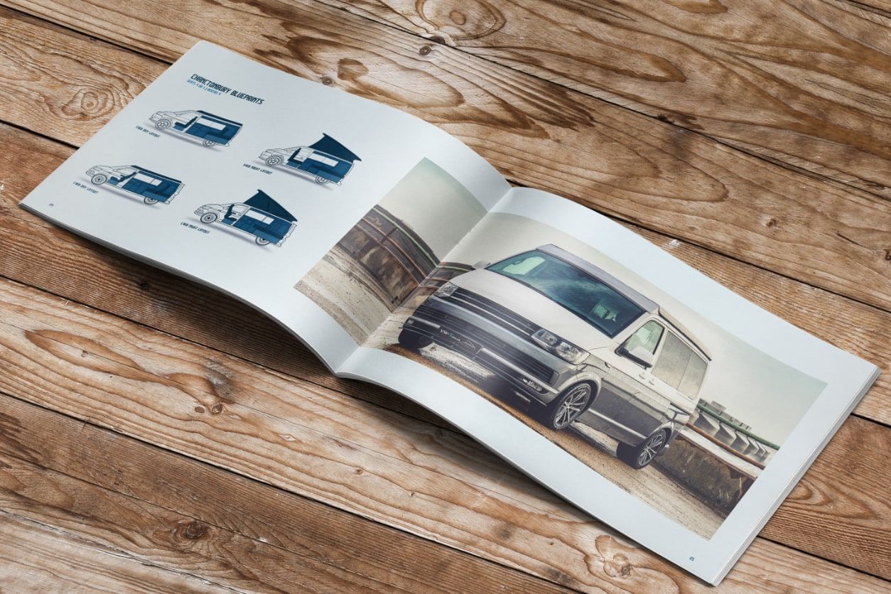 A brochure spread showing the specifications for a VW transporter conversion