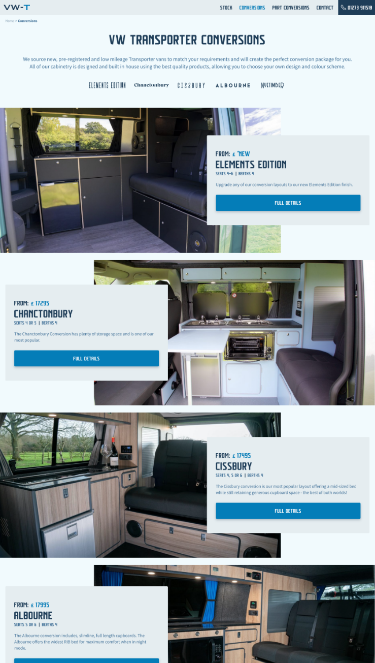 Camper van website showing a selection of different vans