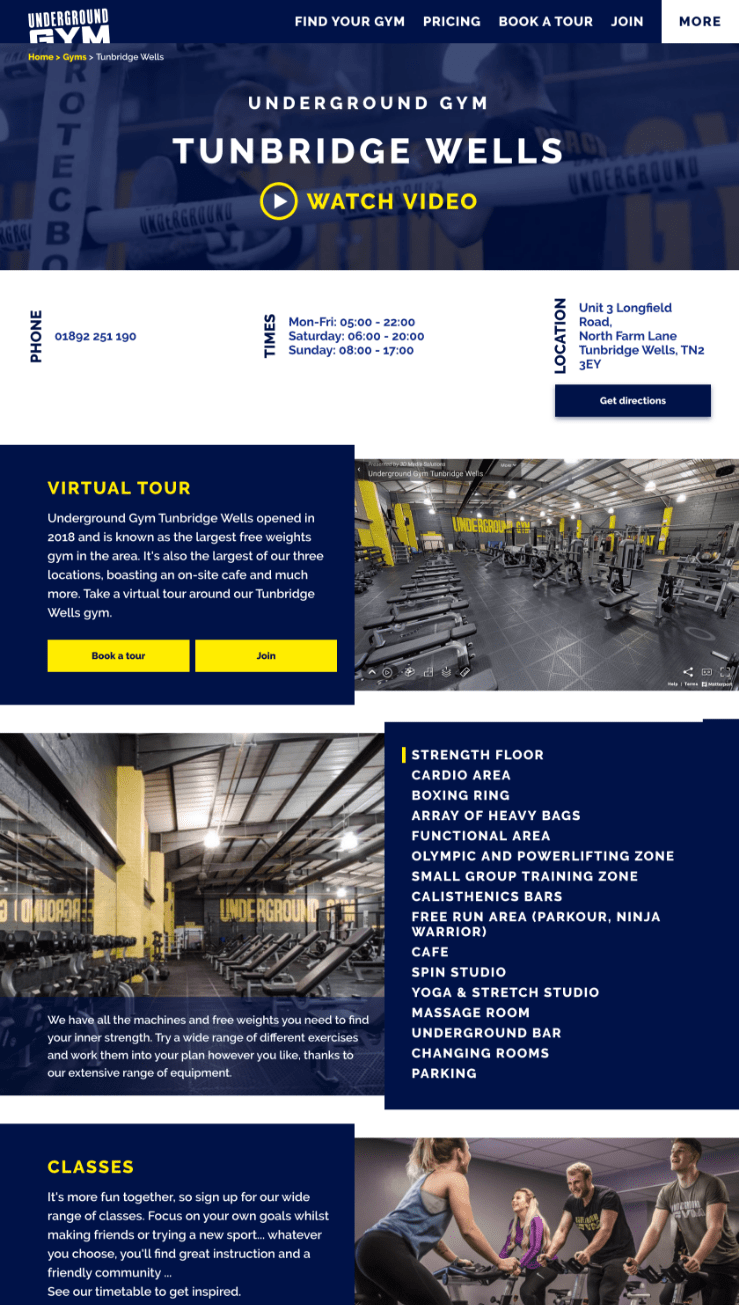 Underground gym facilties page website